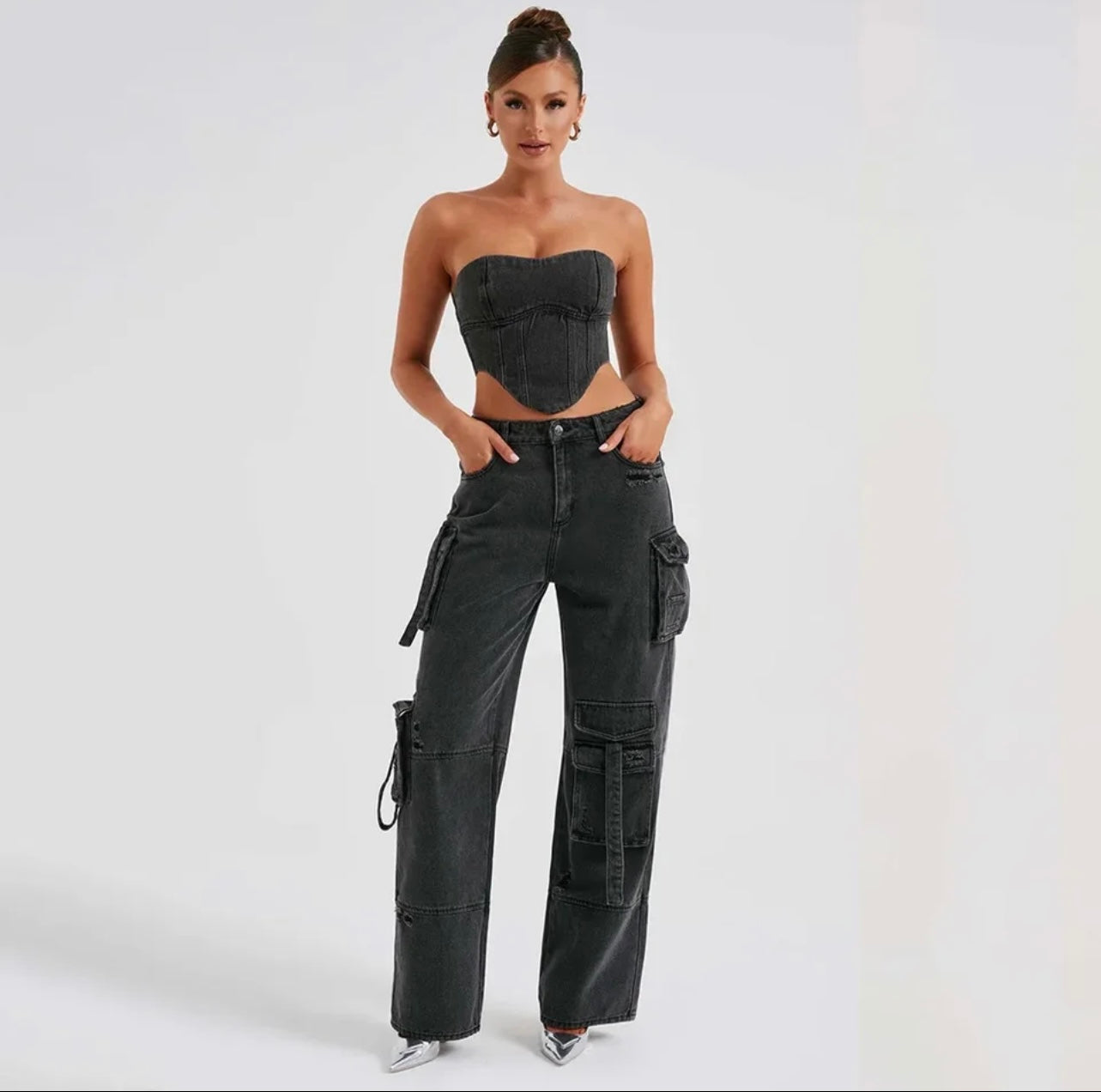 2 Pcs set Black with Jeans & Crop